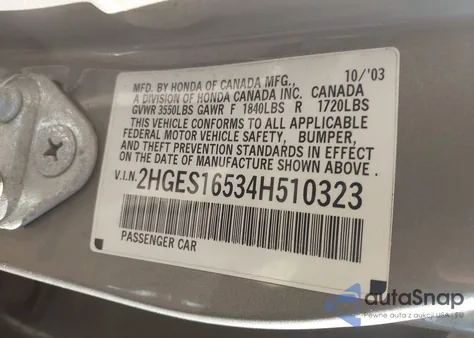 2004 Honda Civic Lx from USA, damaged, VIN 2HGES16534H510323